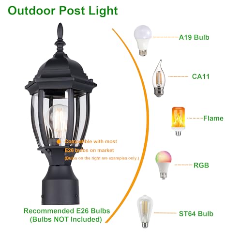 LIT-PaTH Outdoor Post Light Pole Lantern Lighting Fixture with One E26 Base Max 60W, Aluminum Housing Plus Glass, Matte Black Finish, 1-Pack - Thumbnail 4