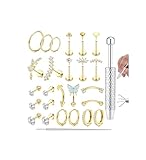 Adramata 27 Piezas Piercing Oreja Acero Quirurgico Piercing Nariz Tragus Helix Labret para Múltiples Piercings Hipoalergénico Pendientes Mujer Plata/Oro/Oro rosa