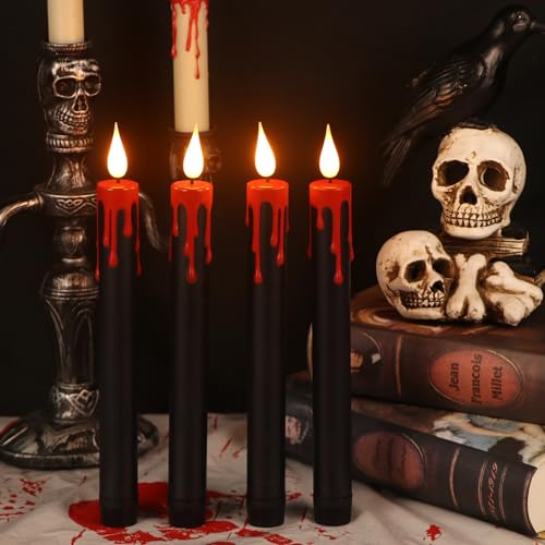 Image of Halloween Black Flameless Taper Candles Flickering with Remote Timer, Battery Operated Led Taper Candle, 4 Pcs Drip Wax Candlesticks for Halloween Decor Horror Party Table Window Decoration