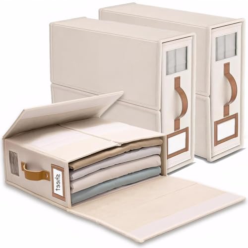 Lino Caja Organizador Sabanas Armario, 3 Organizador de Ropa de Cama Plegable con ventana y asas para guardar debajo de la cama, en el armario para organizar sábanas, ropa y mantas, Beige
