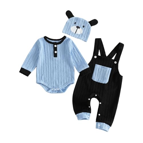 Image of Rannyfol Newborn Coming Home Outfit Baby Boy Spring Autumn Winter Clothes Long Sleeve Knitted Bodysuits Suspender Pants Bear Hat 3Pcs Set 0-18 Months (Sky Blue, 3-6 Months)