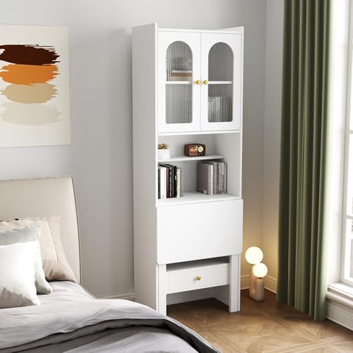 Image of Foldable Office Desk, Fold Out Convertible Hidden Murphy Computer Desk with Storage Shelves, Multi-Function Folding Writing Table for for Small Spaces, Home Office (White.)