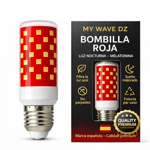 MY WAVE DZ Bombilla Luz Roja Nocturna Melatonina E27 E14 – Pack 1 Bombillas Rojas Sin Luz Azul ni Flicker – Luz Roja Bebé, Lactancia, Descanso y Sueño Profundo
