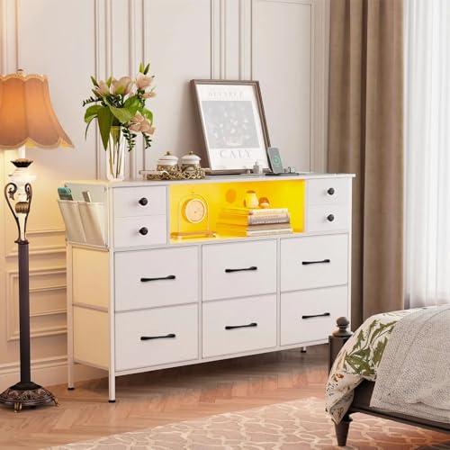 Catálogo de Comoda Blanca comprados en linea. 47 Owii Cajonera para Recamara con 10 cajones,120 * 30 * 72CM,Cómoda con Luces LED y Tomas de Corriente,Cómoda de Tela con Bolsillo Lateral,Mueble de TV (Blanco)