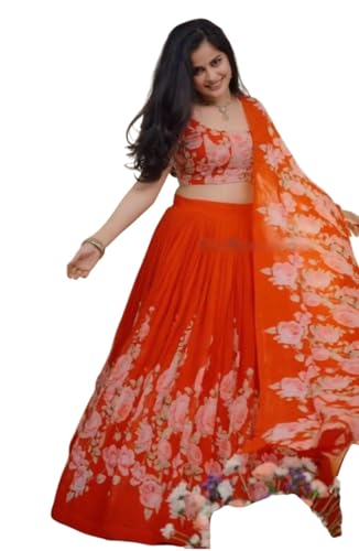 Women's Lehenga Choli, Orange Floral Print, Semi-Stitched, Crop Top with