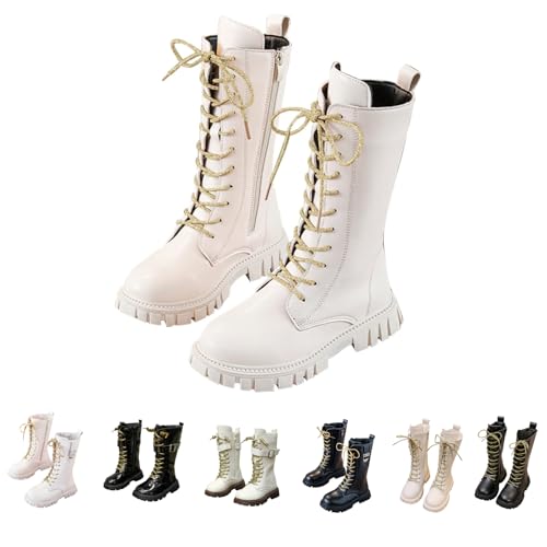 Generisch Stiefel Gefütterte Winterstiefel Mädchen Kinder Warme Reitstiefel mit Fleece Gefüttert Leder Boots mit Seitlichem Reißverschluss Schnürstiefel wasserdichte Schneestiefel