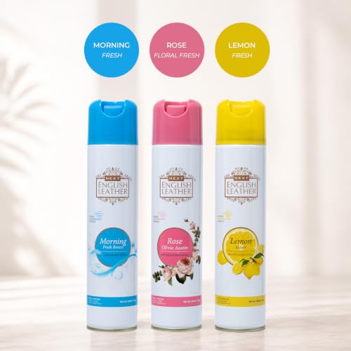 Image of Next Care English Leather Air Freshener Spray 220ml Each | Long Lasting Room Freshener for Home, Office & Car | Odour Eliminator (Rose, Morning & Lemon)