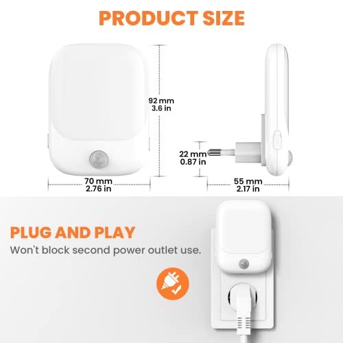 FOMYHEARD Nachtlicht mit Bewegungsmelder, 2 Stück LED Nachtlicht Steckdose mit 3 Modi (EIN/AUTO/AUS) und 5 Helligkeit Dimmbar für Schlafzimmer, Gang, Küche, Wohnzimmer, Badezimmer