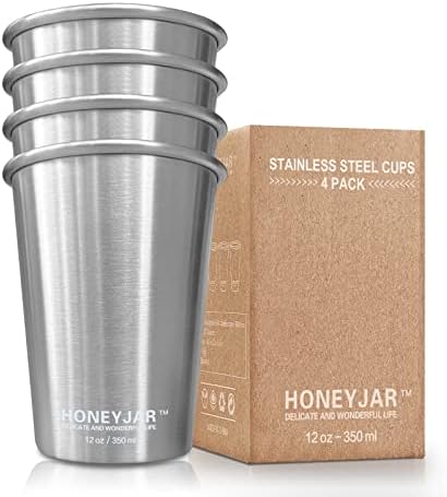 HoneyJar Stainless Steel Cups for Kids 12oz/350ml (4 Pack), Stainless Steel Tumbler, Kids Cups, Camping Stainless Steel Cups, Stackable Metal Drinking Glasses, BPA Free, Stackable, Durable.