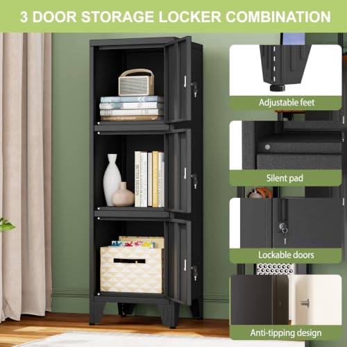 Image of 3 Tier Metal Storage Locker, 46.85 inch Narrow Vertical Steel File Cabinet