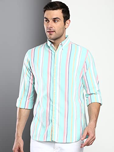 Image of Dennis Lingo Men's Striped Slim Fit Oxford Cotton Casual Shirt with Button Down Collar & Full Sleeves