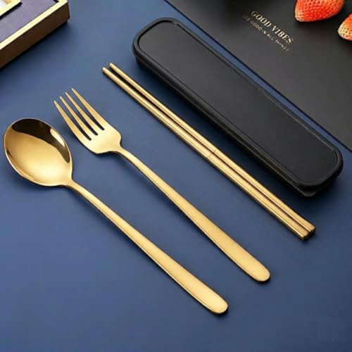 Image of Baby Self Feeding Spoon and Fork Set with Travel Case Stainless Steel Kids Cutlery Toddler Training Utensils Color as per Stock (Cutlery Set with Case)