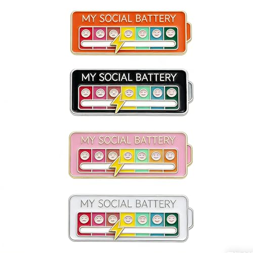 4-Pack My Social Battery Mood Pins - 7 Slider Funny Novelty Badges for Introverts | 4 Colors | Ideal for Jackets Backpacks Hats & Clothing Accessories