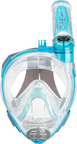CRESSI dal 1946 - Duke Action Full Face Mask - Maschera Integrale CO2 Sicuro Grande Visione Snorkeling no Fog con Tubo Dry e Supporto Action Cam - Trasparente/Acquamarina - M/L - Unisex