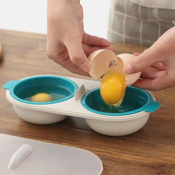 Leeonz Microwave Double Cup Egg Poacher Maker Poached Eggs Cooker Steamer Kitchen Gadget Dishwasher Safe BPA Free Draining Egg Boiler Set Double Layer Microwave Egg Poacher Breakfast Egg Cooker (Blue)