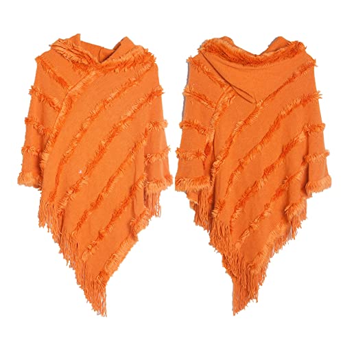 Women's Warm Large Shawl Wrap Winter Blanket Scarf Hooded Cloak Solid Sweater Cape Poncho with Tassels (Orange)