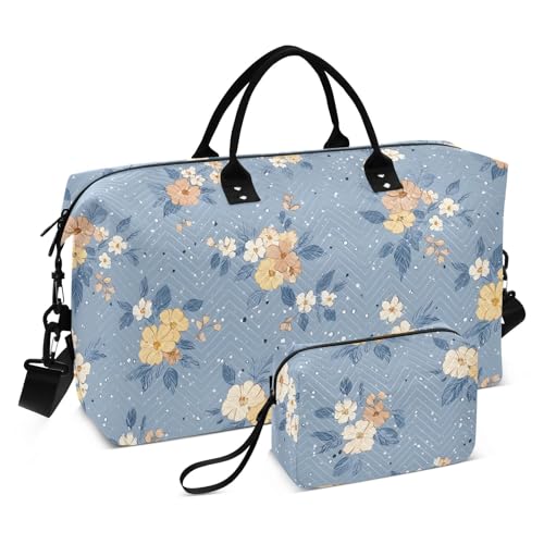 Large Travel Duffel Bag Sports Tote Gym Bag Overnight Weekender Bags Blue Background Floral Carry On Luggage with Toiletry Bags