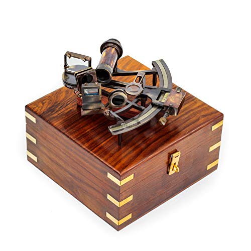 Nagina International Nautical Pirate'S Maritime Astronomical Brass Sextant with Decorative Anchor Inlaid Rosewood Storage Wooden Box | Exclusive Decor Gifts (5 Inches, Antique Brass) Cover
