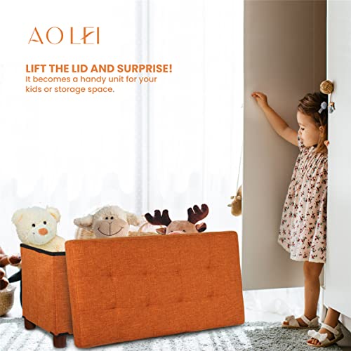 Ao Lei 30 Inches Storage Ottoman Bench, Storage Bench With Wooden Legs For Living Room Ottoman Foot Rest Removeable Lid For Bedroom End Of Bed, Linen Fabric, Orange #TOP1