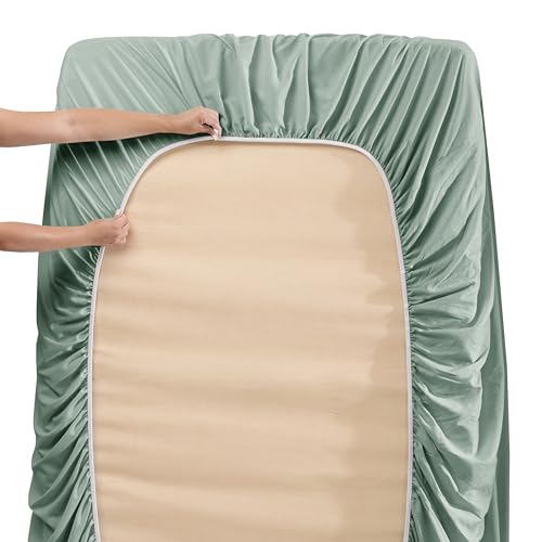 Image of Nestl King Size Sheet Set, 4 Piece Extra Deep Pocket (18-24 inches), Microfiber, Hotel Luxury, Soft, Breathable, Wrinkle-Free, Easy to Care, Sage Green New