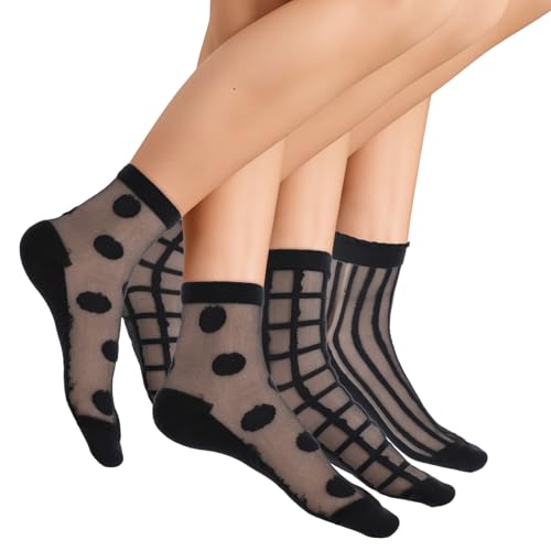 3 Pairs Black Mesh Socks for Women,See Through Socks Women,Dots, Stripes and Geometric,Summer