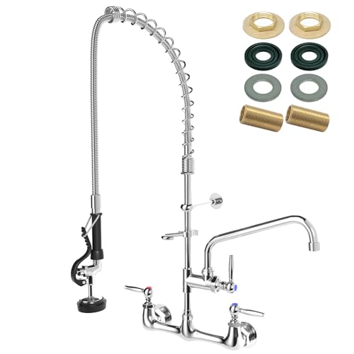 PALUKIA Commercial Faucet with Pre-Rinse Sprayer, 35-Inch Height, Wall Mount, Polished Finish, Brass Material, 8-Inch Adjustable Center, Chrome Plating by PALUKIA - Used condition - US$78.66