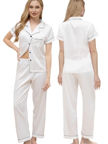 Image of WJing Yi Jia Womens Pajamas Set XS-4XL Floral Silk Satin Pajama Sets Silky Pj Sets 2Pcs Loungewear Sleepwear Button Down Pjs
