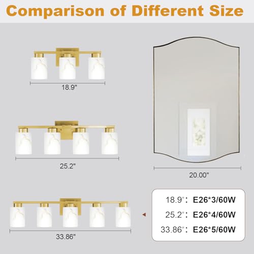 Image of 3-Light Bathroom Light Fixtures, Modern Vanity Lights, Gold Metal Wall Lamp with White Marble Glass for Bathroom, Mirror, Living Room, Bedroom, Cabinet, Porch, Hallway, E26 Base