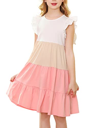 KISSOURBABY Girl's Summer Dresses Cotton Ruffled Sleeves Tiered Swing Sundress with Pockets,White & Pink,Size 4-5 Years,110