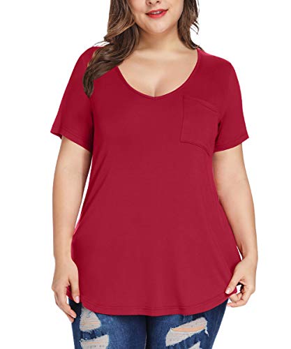 MONNURO Plus Size Tops for Women Casual V Neck Summer Short Sleeve T Shirts with Pocket(Wine Red,3X)
