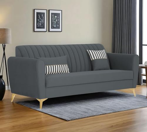 Image of Adorn India Premium Luster 3 Seater | Velvet Suede Fabric | 3-Year Warranty | Color Dark Grey with Golden Legs & Striped Pattern Cushion