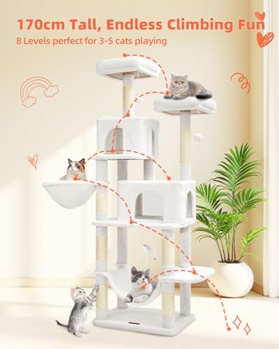 Image of Taoqimiao Cat Tree, 67-Inch Cat Tower for Indoor Cats, Plush Multi-Level Cat Condo with 12 Scratching Posts, 2 Perches, 2 Caves, Hammock, 2 Pompoms, Cream White MS013C
