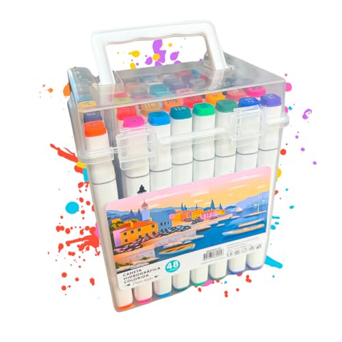 Canetinha Ponta Dupla com Estojo para Colorir Kit de Canetas Escolar Marcador Coloridas Permanente Duas Pontas (48 CORES)
