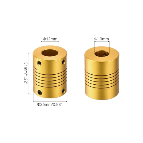QUARKZMAN 1 Stück Flexible Kupplungen 10mm bis 12mm Aluminium Wellenkupplung L31xD25mm Klauenkupplung Gelenkverbinder für DIY Encoder Motoren 3D Drucker Schrittmotor Golden