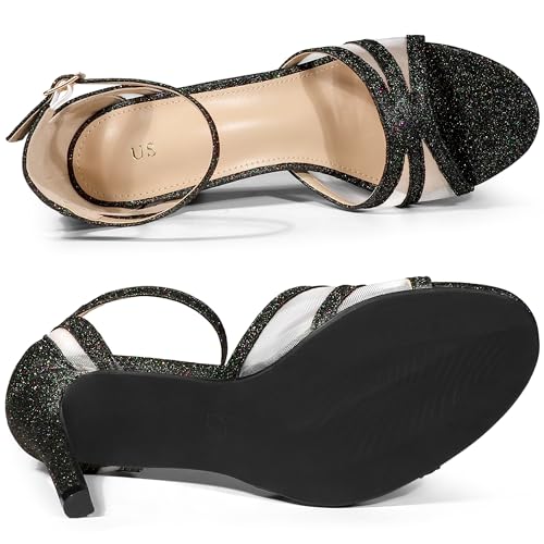 Allegra K Women's Glitter Ankle Strap Black Stiletto Heels Sandals 8.5 m US