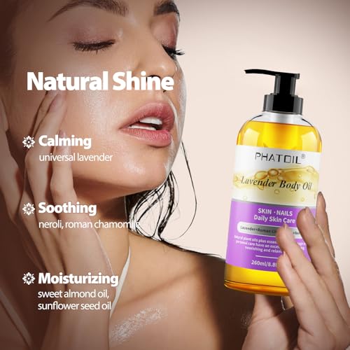 Image of PHATOIL Lavender Body Oil with Pump, 260 ml (8.8 fl.oz) Premium Quality Massage Oil, Versatile Skin Care Hair Care, Blends of Natural Plant Oils and Essential Oils, Body Oils for Women and Men