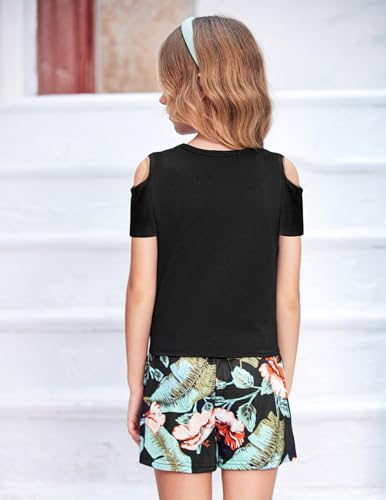 Image of Arshiner Girls Short Sets 2 Pieces Outfits Short Sleeve Tie Knot T-Shirts and Casual Shorts With Pockets Cute Clothes Sets