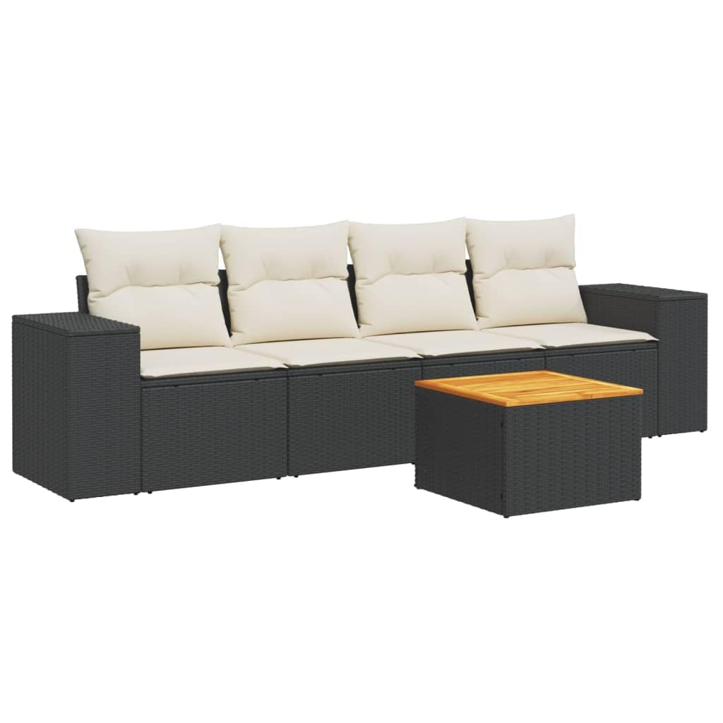 vidaXL Set de Muebles de Jardín con Cojines 5 pzas, Mesa y Asientos Modulares, Conjunto de Sofás para Terraza Patio, Ratán Sintético Negro