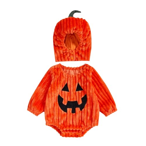POZMTIORE Unisex Infant Baby Pumpkin Costume Halloween Outfits Long Sleeve Grimace Romper With Hat 0 3 6 9 12 M (Orange, 3-6 Months)