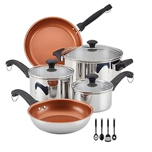 Farberware Classic Traditions Stainless Steel Cookware Induction Pots and Pans Set with Prestige Cooking Utensils, 12 Piece – Stainless Steel