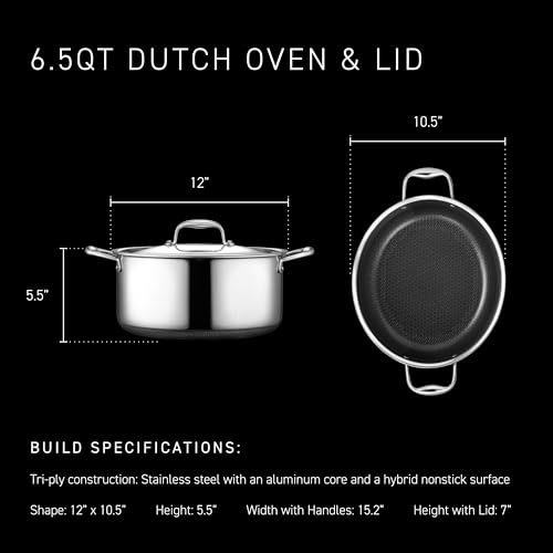 Image of HexClad Hybrid Nonstick 6.5-Quart Oval Dutch Oven with Stainless Steel Lid, Stay-Cool Handles, Dishwasher-Friendly, Oven-Safe Up to 900F, Induction Ready, Compatible with All Cooktops