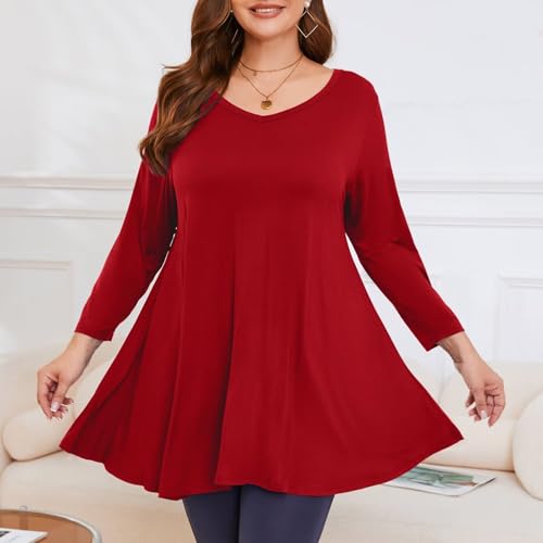 Image of LARACE Tunics 3 /4 Sleeve Plus Size Tops for Women V Neck Loose Fit Flowy Clothing for Leggings
