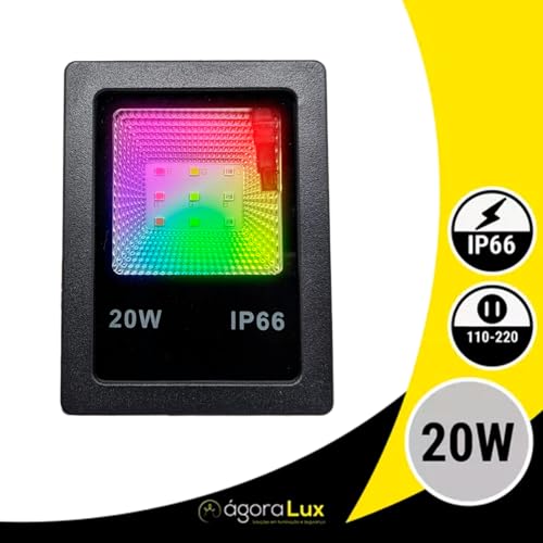 Refletor Holofote Led Rgb Multicolorido Com Controle 20w Ip66 Uso Externo