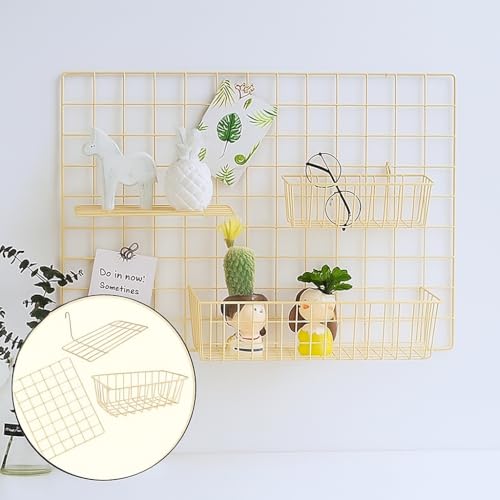 Image of Steel Photo Collage Grid Frame, Basket & Tray| Photo frame grid DIY Mesh Wire Frame | Basket | Tray for Wall Decor, Home Living Room & office (01-Grid, 01-Basket, 01-Tray) | White