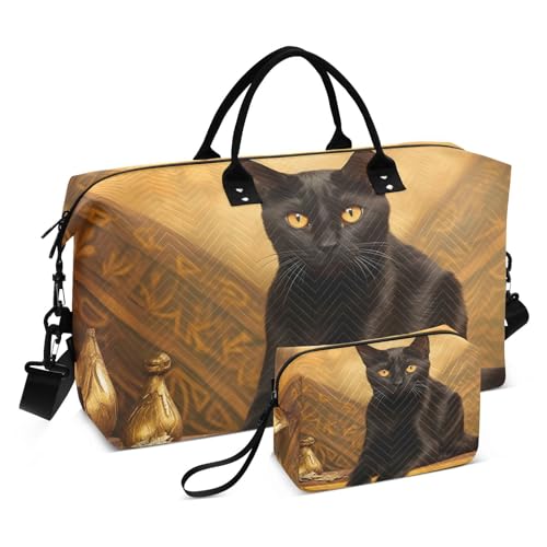Large Travel Duffel Bag, Pharaoh Black Cat Sports Tote Gym Bag, Shoulder Weekender Overnight Bag for Women Men, Carry On Luggage with Toiletry Bags