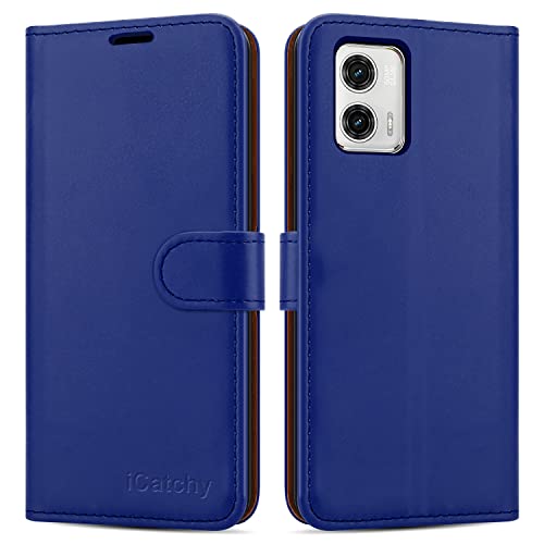 iCatchy for Motorola Moto G73 5G Case Leather Wallet Book Flip Folio Stand View Cover with Card Slots and Kickstand for Motorola G73 Phone Cover (Blue)