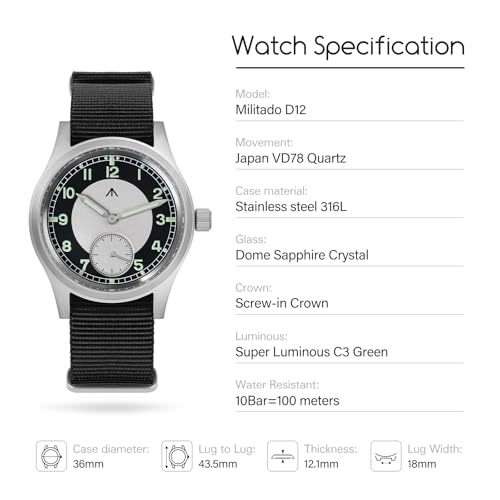 Image of TACTICAL FROG Militado D12 Military Mens Watch VD78 Quartz Sapphire Crystal C3 Super Luminous 36mm Dial Military-Style Dress Watches, 100M Waterproof
