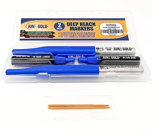 June Gold 2 Blue Deep Reach Markers, 2 Ink Refill Bottles, 2 Tip Replacements, 30 mm Reach & 2 mm Felt Tip