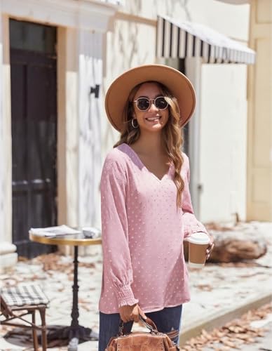 GAMISS Long Sleeve Tops for Women Knit Shirt Swiss Dot Sleeve Tops Casual Blouse Pink, L — view 3