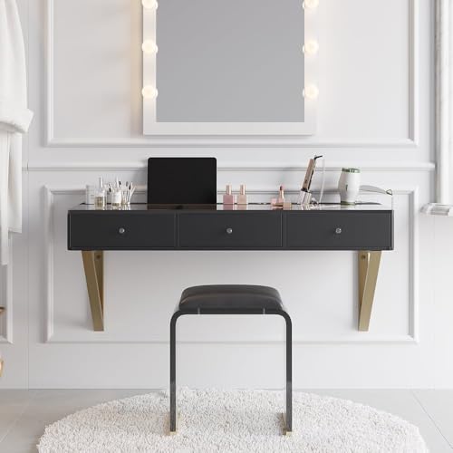 homary Floating Makeup Vanity with Drawers, Modern Black Beauty Station Wall Mounted Dressing Table with Tempered Glass Top